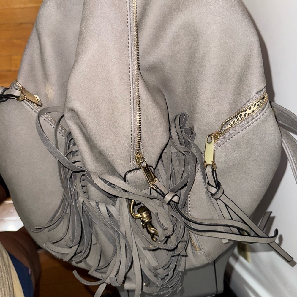 Gray Leather like Backpack with Fringe - Picture 4 of 8